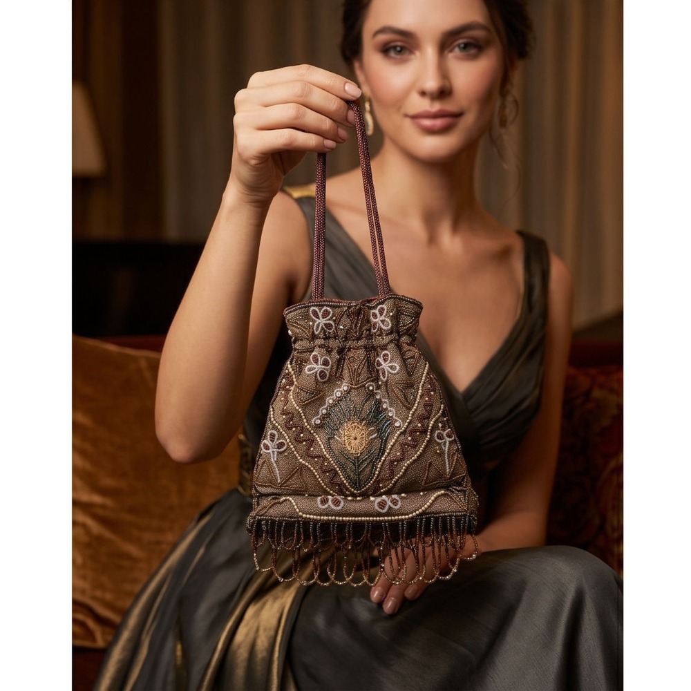 Vintage Beaded Drawstring Pouch Evening Bag Bronze Gold Fringe Gatsby Art Deco